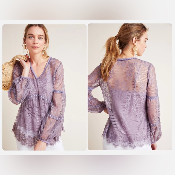Anthropologie Bl-nk Alice Floral Lace Top Lilac Purple Peplum Boho Romantic S - Picture 8 of 8